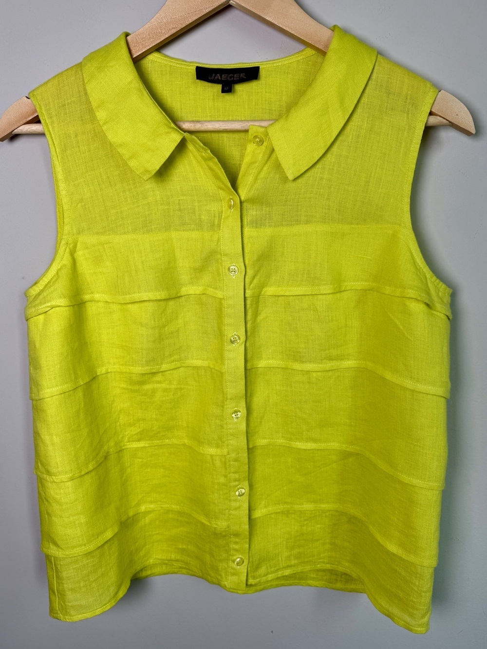 Jaeger Linen Tiered Button-Front Tank Citron Chartreuse Sz 12